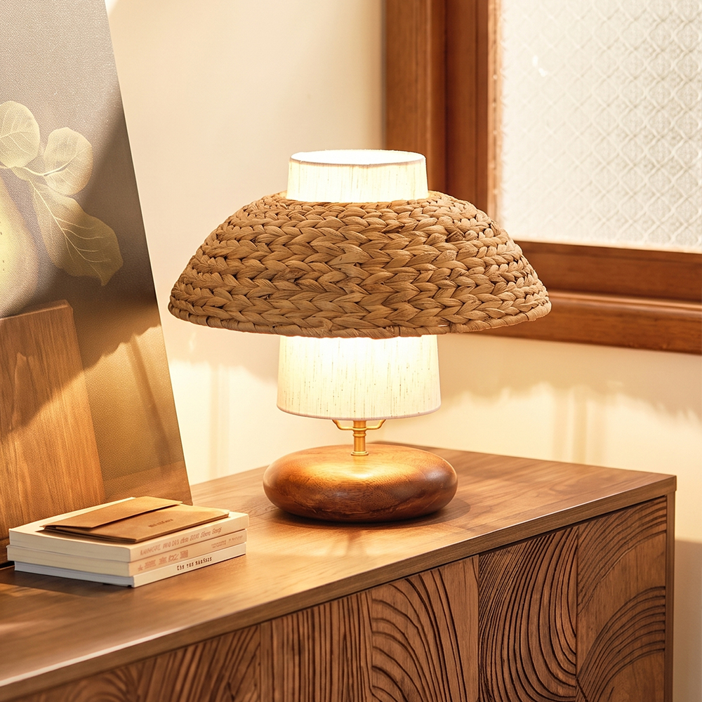Wood & Woven Rattan Table Lamp Fabric Shade Bedside Light