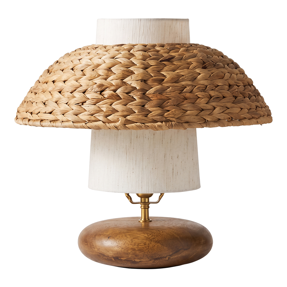Wood & Woven Rattan Table Lamp Fabric Shade Bedside Light