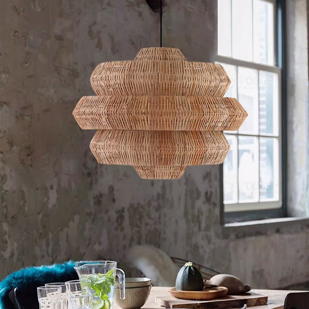Rattan Multi-Tiered Honeycomb-Shaped Pendant Light