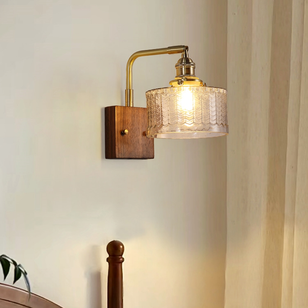Japanese Retro Walnut Base Glass Brass Wall Lamp