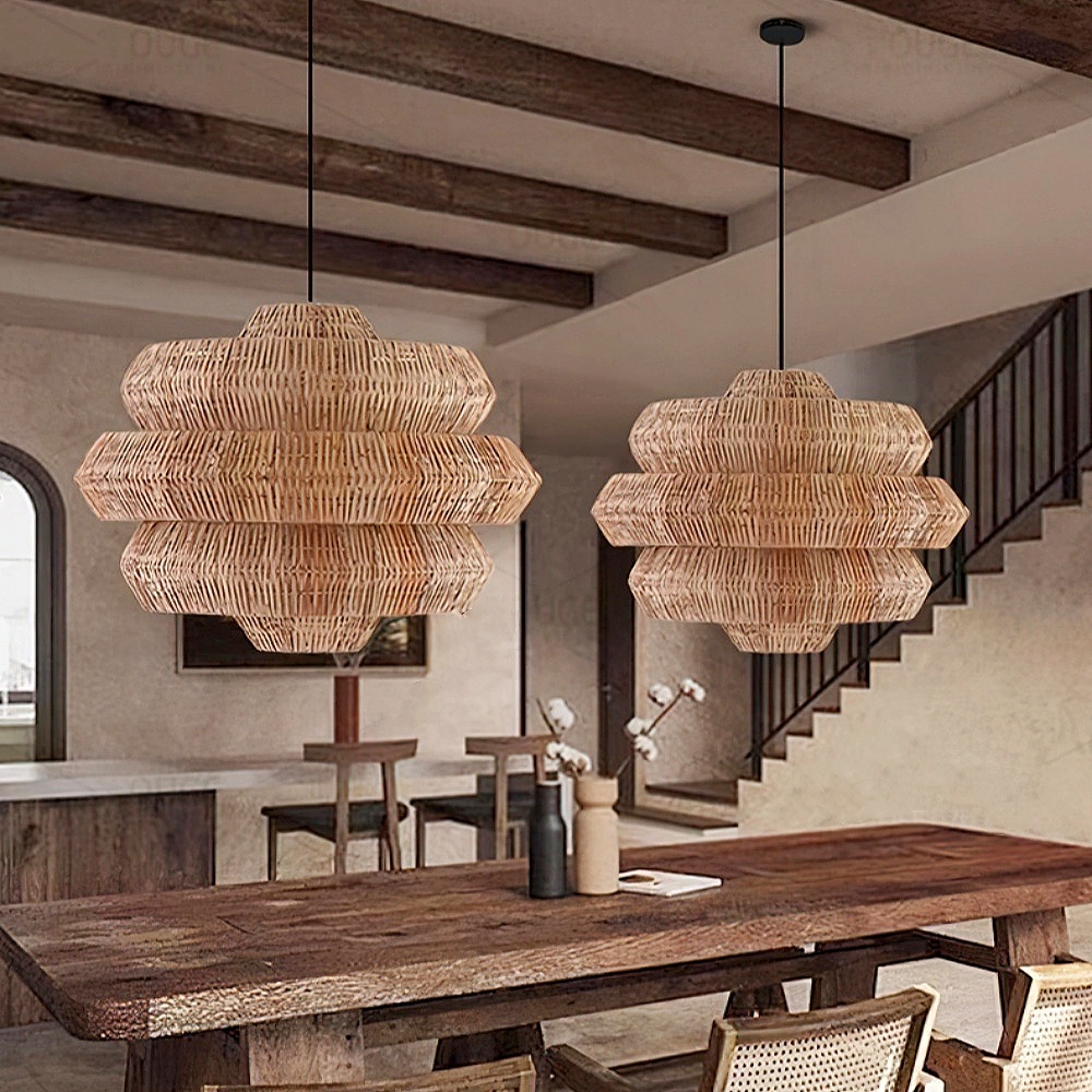 Rattan Multi-Tiered Honeycomb-Shaped Pendant Light