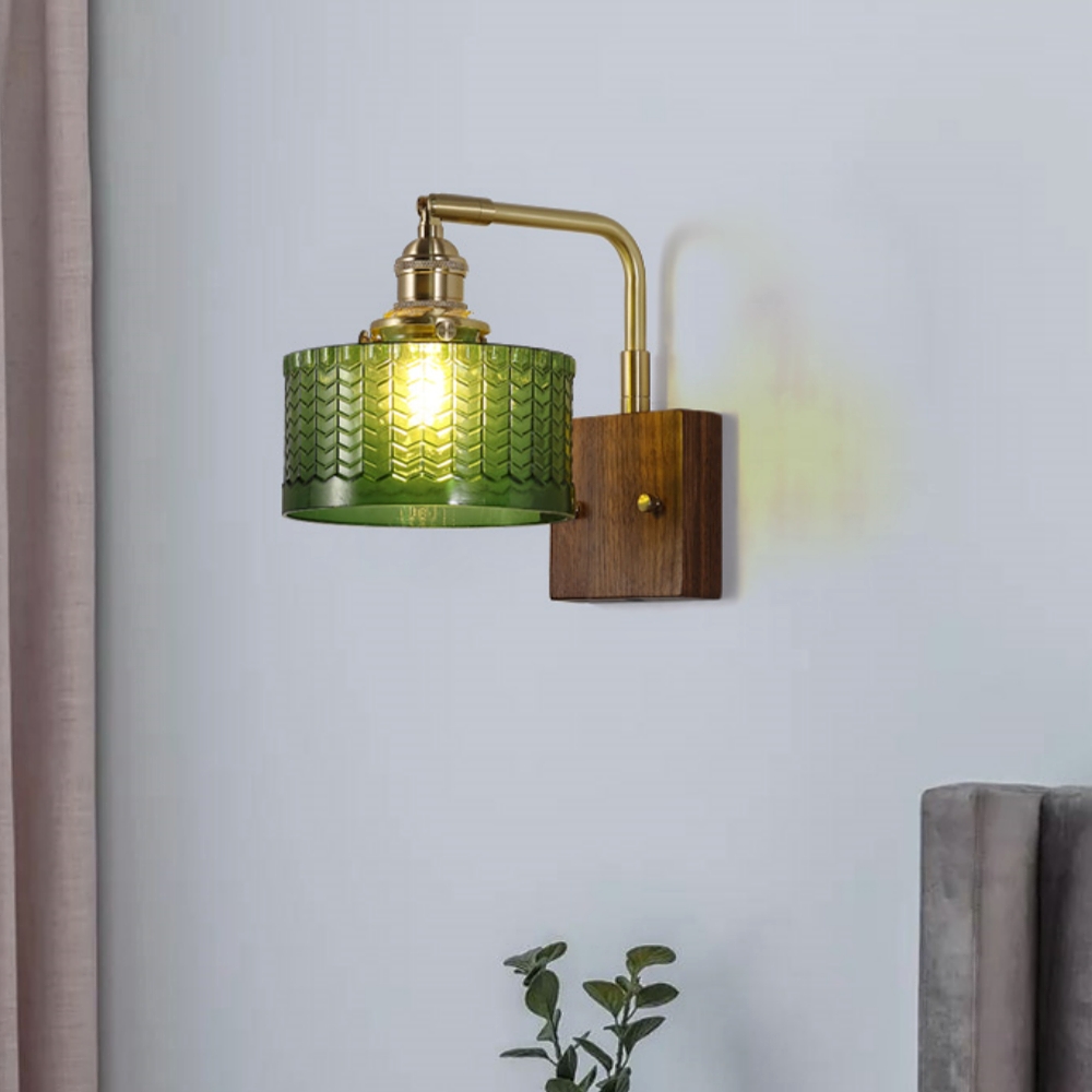 Japanese Retro Walnut Base Glass Brass Wall Lamp