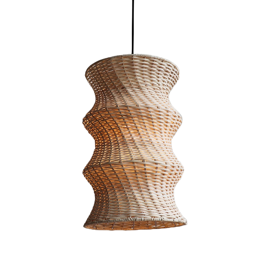 Artisanal Wabi-Sabi Rattan Wavy Column Pendant Light