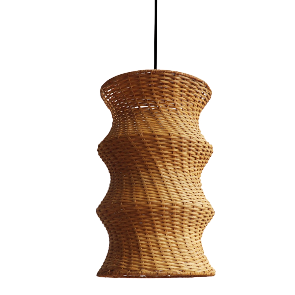 Artisanal Wabi-Sabi Rattan Wavy Column Pendant Light