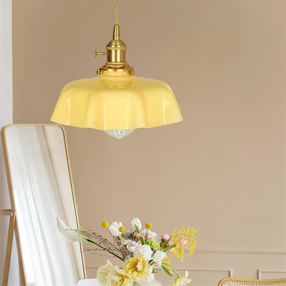 Vintage French Frilly Opaque Glass Pendant Light with ruffled draped shape