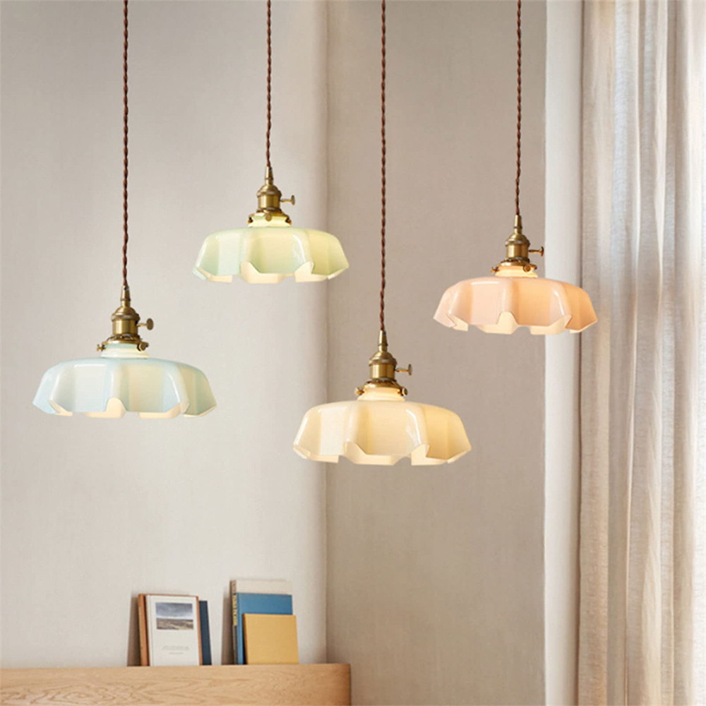 Vintage French Frilly Opaque Glass Pendant Light with ruffled draped shape