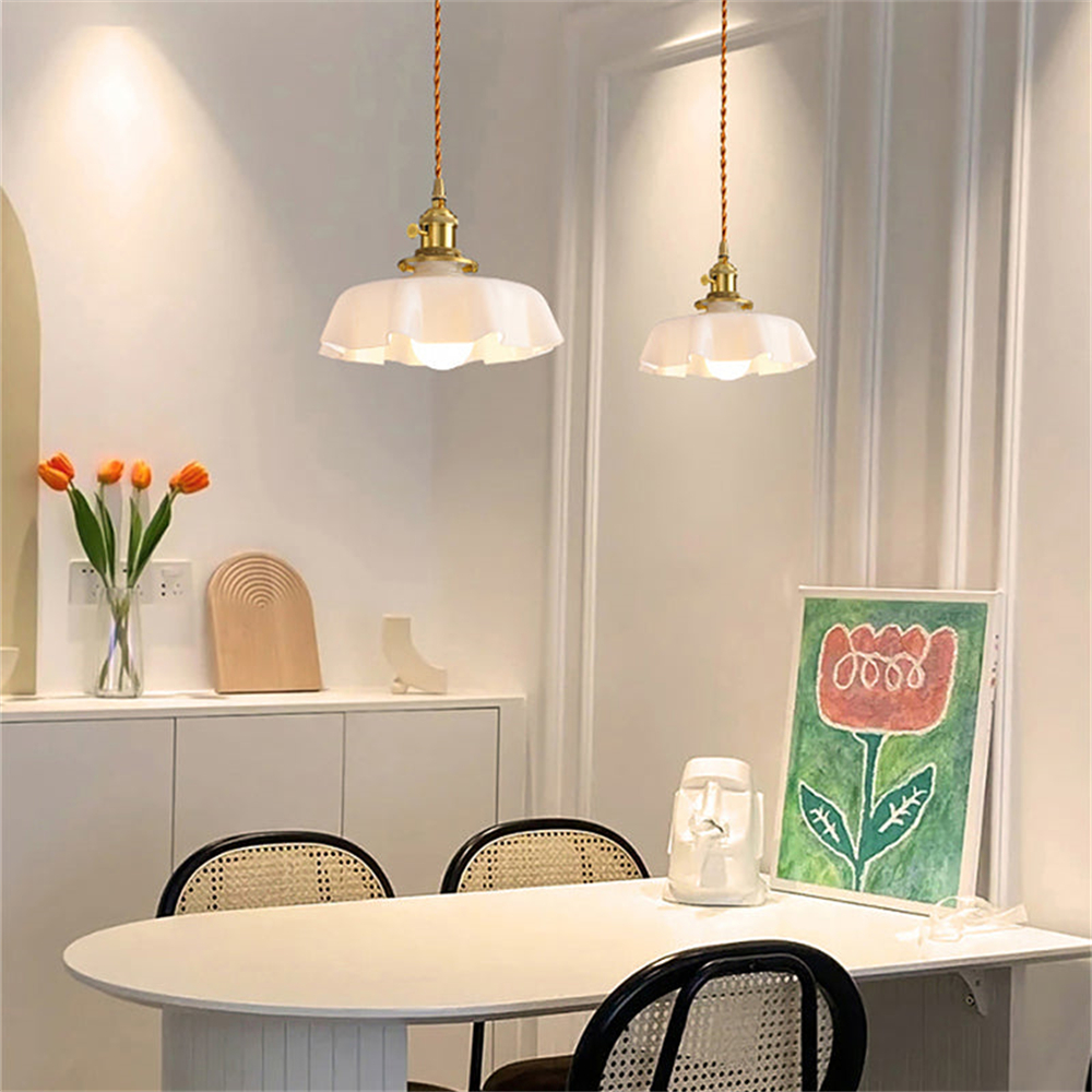 Vintage French Frilly Opaque Glass Pendant Light with ruffled draped shape