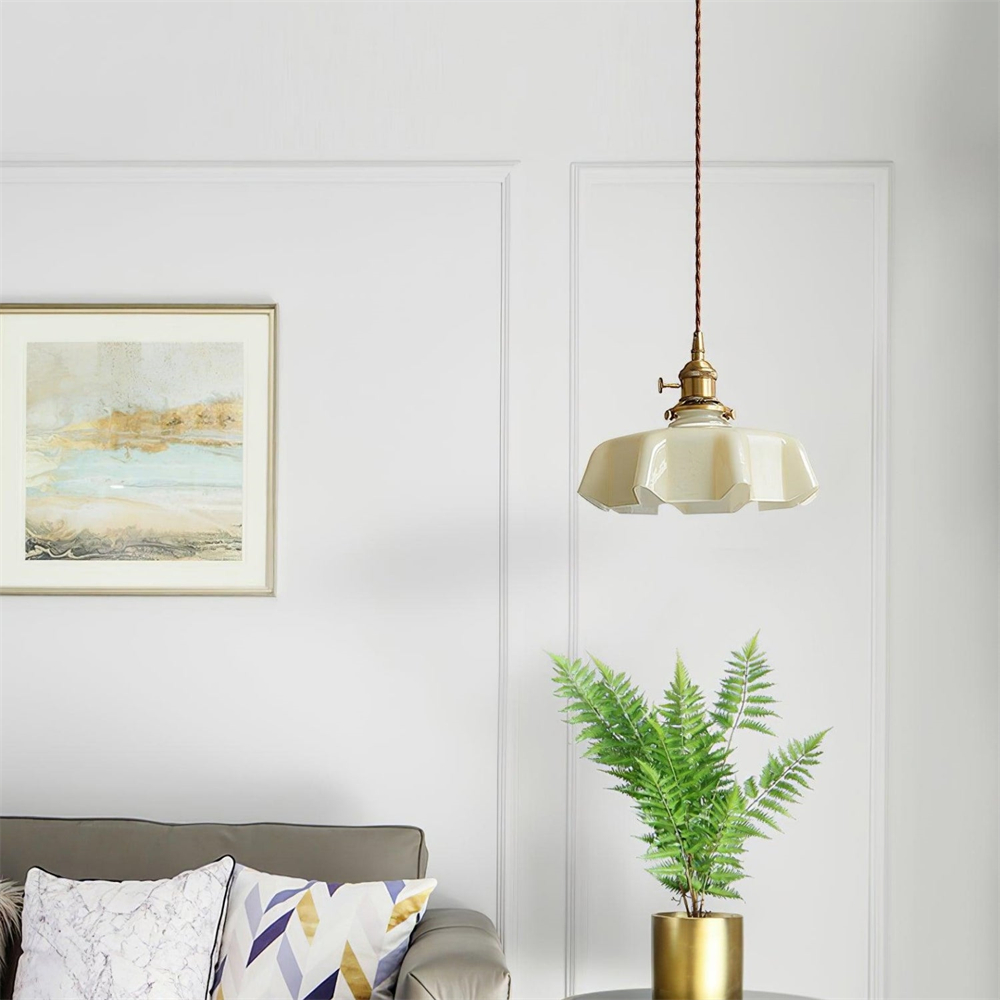 Vintage French Frilly Opaque Glass Pendant Light with ruffled draped shape