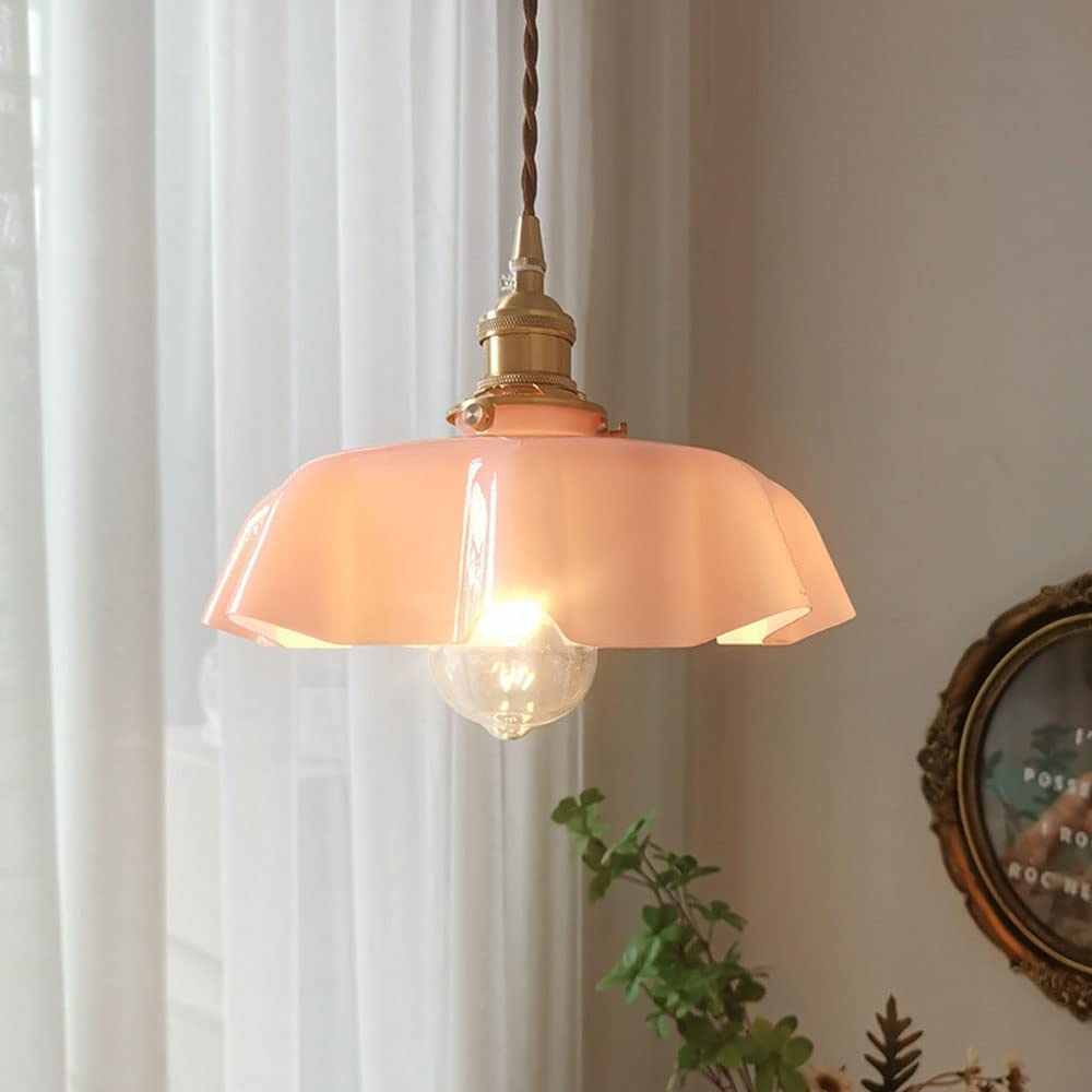 Vintage French Frilly Opaque Glass Pendant Light with ruffled draped shape