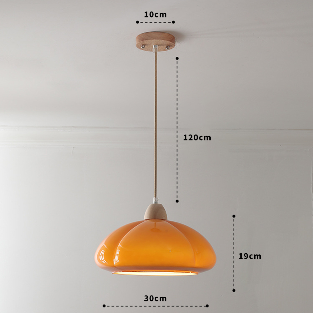 Vintage Wooden Style Cream Colored Glass Pumpkin Pendant Light