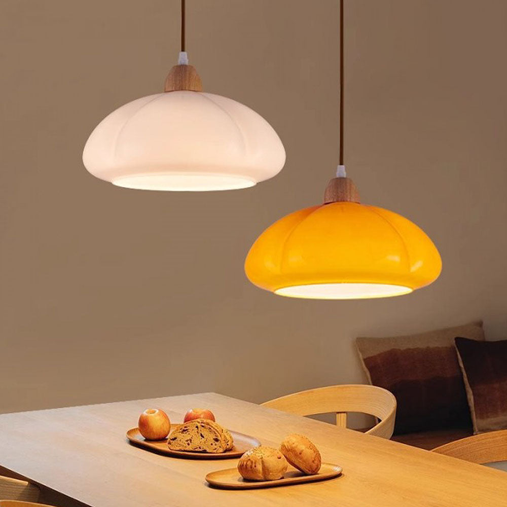 Vintage Wooden Style Cream Colored Glass Pumpkin Pendant Light