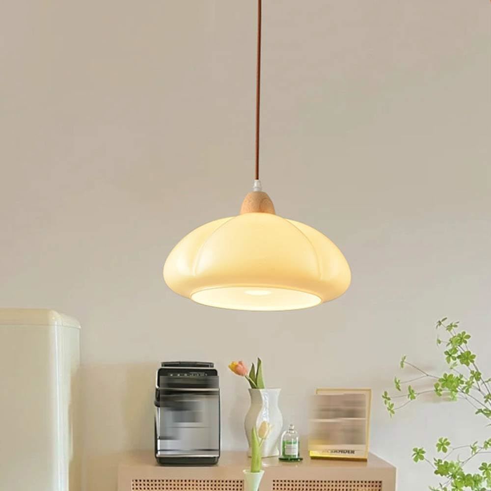 Vintage Wooden Style Cream Colored Glass Pumpkin Pendant Light