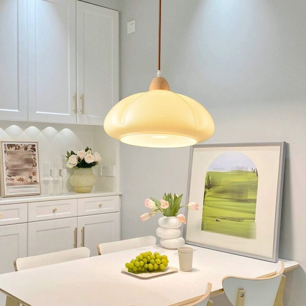 Vintage Wooden Style Cream Colored Glass Pumpkin Pendant Light