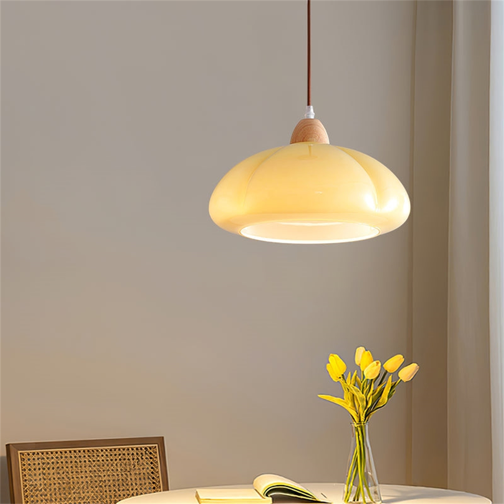 Vintage Wooden Style Cream Colored Glass Pumpkin Pendant Light