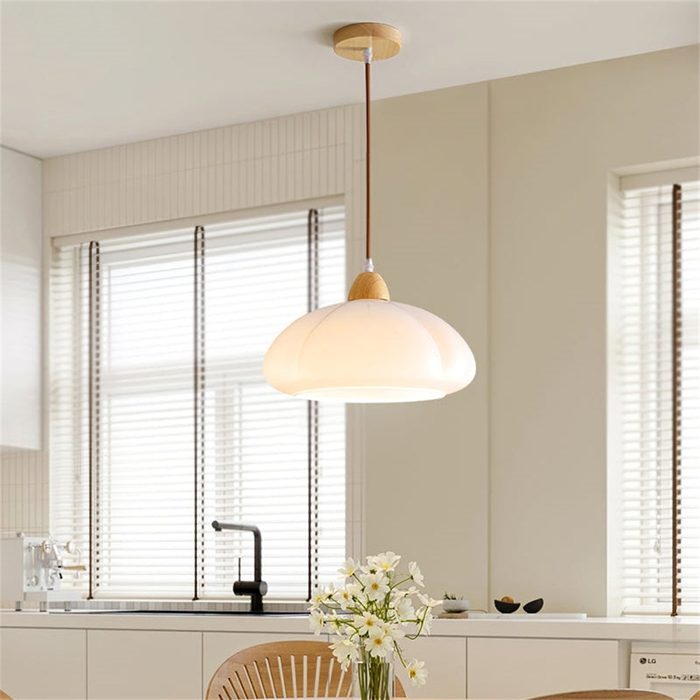 Vintage Wooden Style Cream Colored Glass Pumpkin Pendant Light