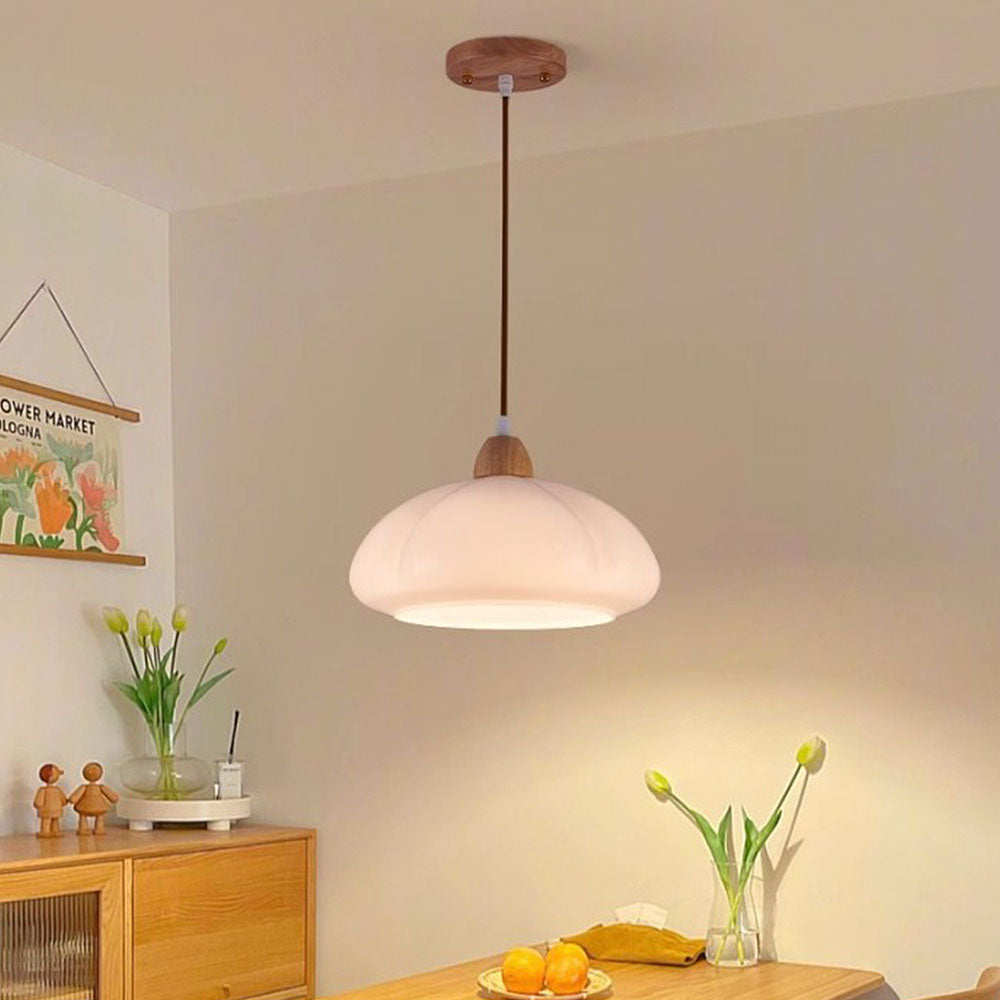 Vintage Wooden Style Cream Colored Glass Pumpkin Pendant Light