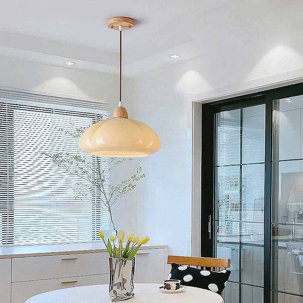 Vintage Wooden Style Cream Colored Glass Pumpkin Pendant Light
