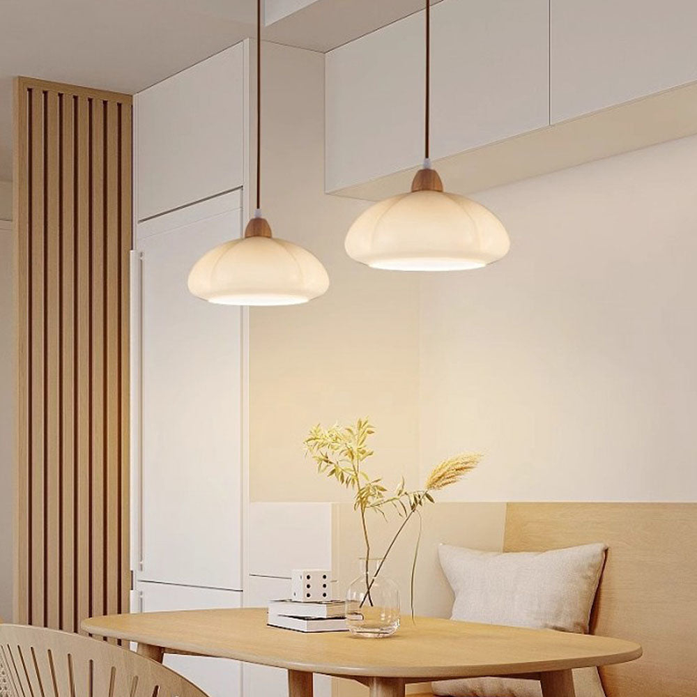 Vintage Wooden Style Cream Colored Glass Pumpkin Pendant Light