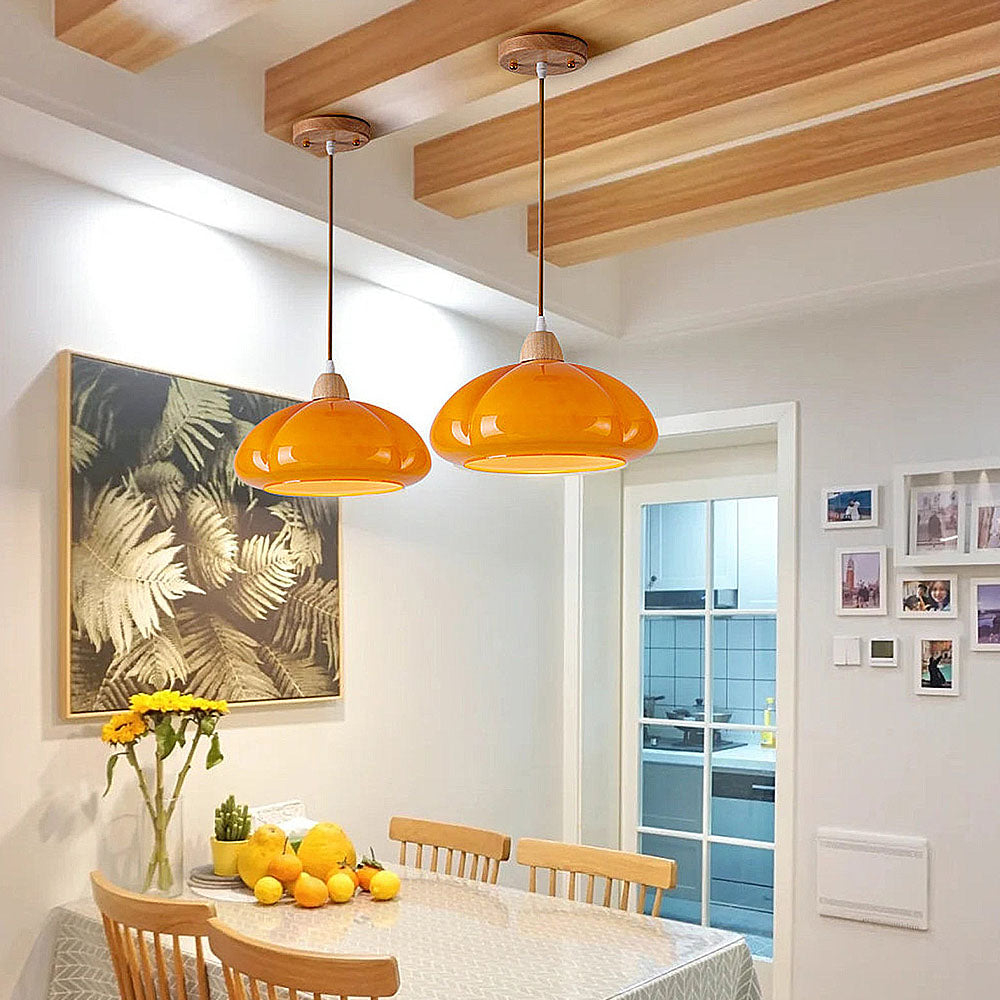 Vintage Wooden Style Cream Colored Glass Pumpkin Pendant Light
