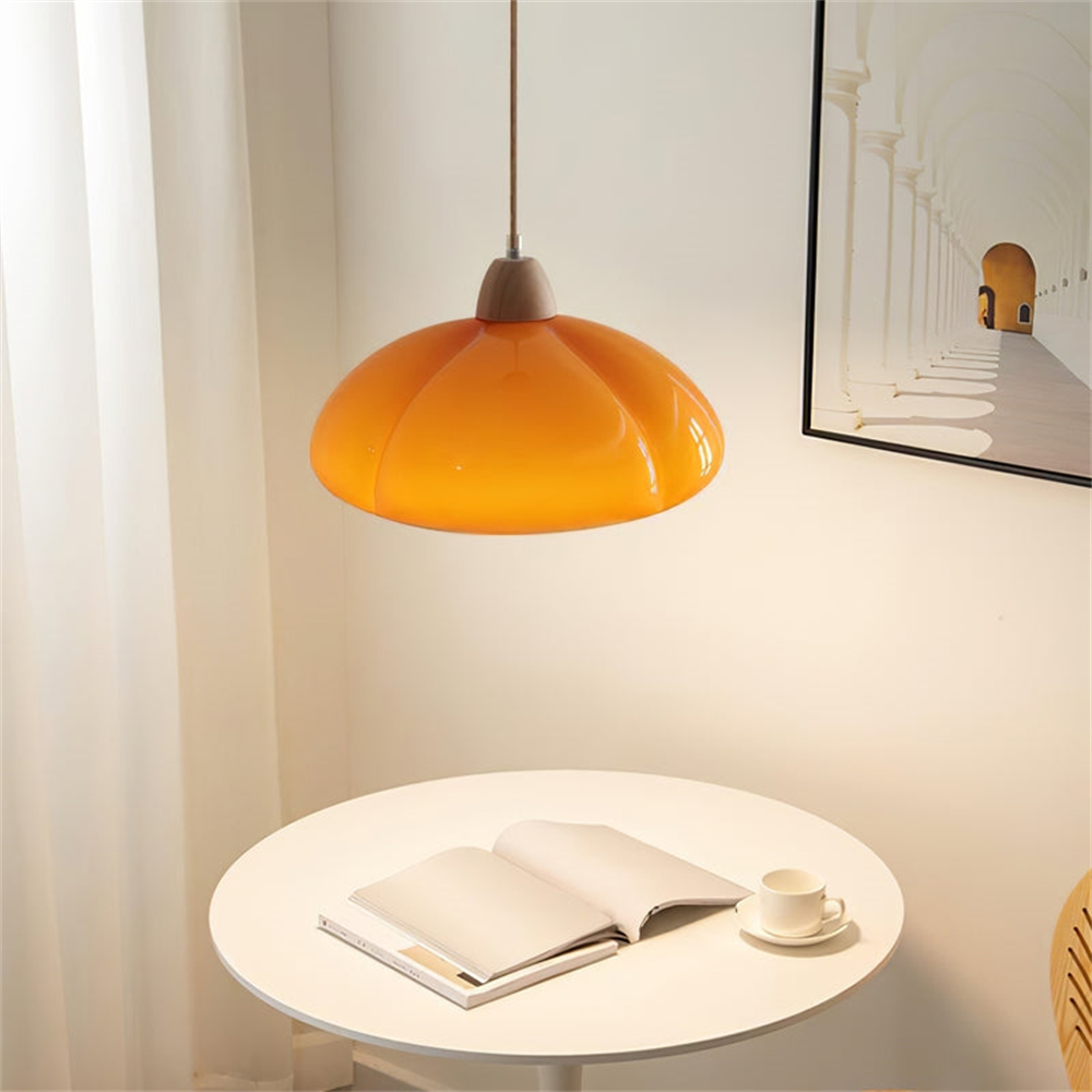 Vintage Wooden Style Cream Colored Glass Pumpkin Pendant Light