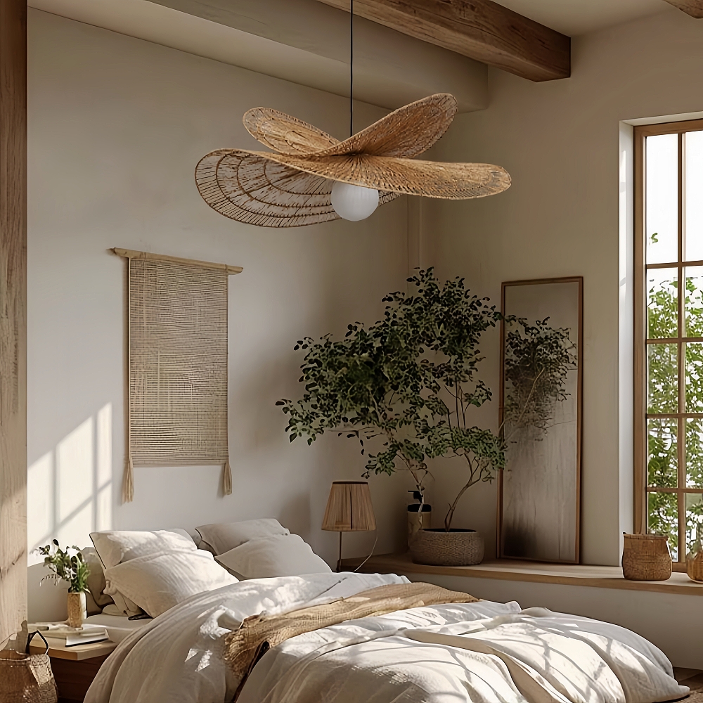 Vintage Handmade Rattan Woven Creative Double-Layer Straw Hat Pendant Light