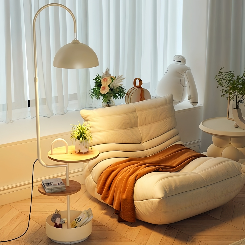 Modern Iron & Marble Floor Lamp with Integrated Storage Rack - Kids Room/Study