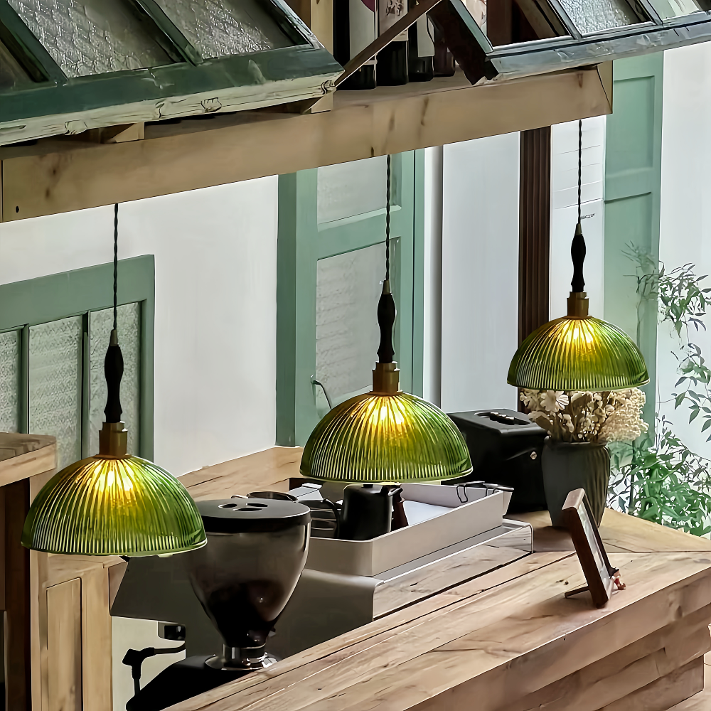 Japanese Retro Brass Glass Green Transparent Pendant Light