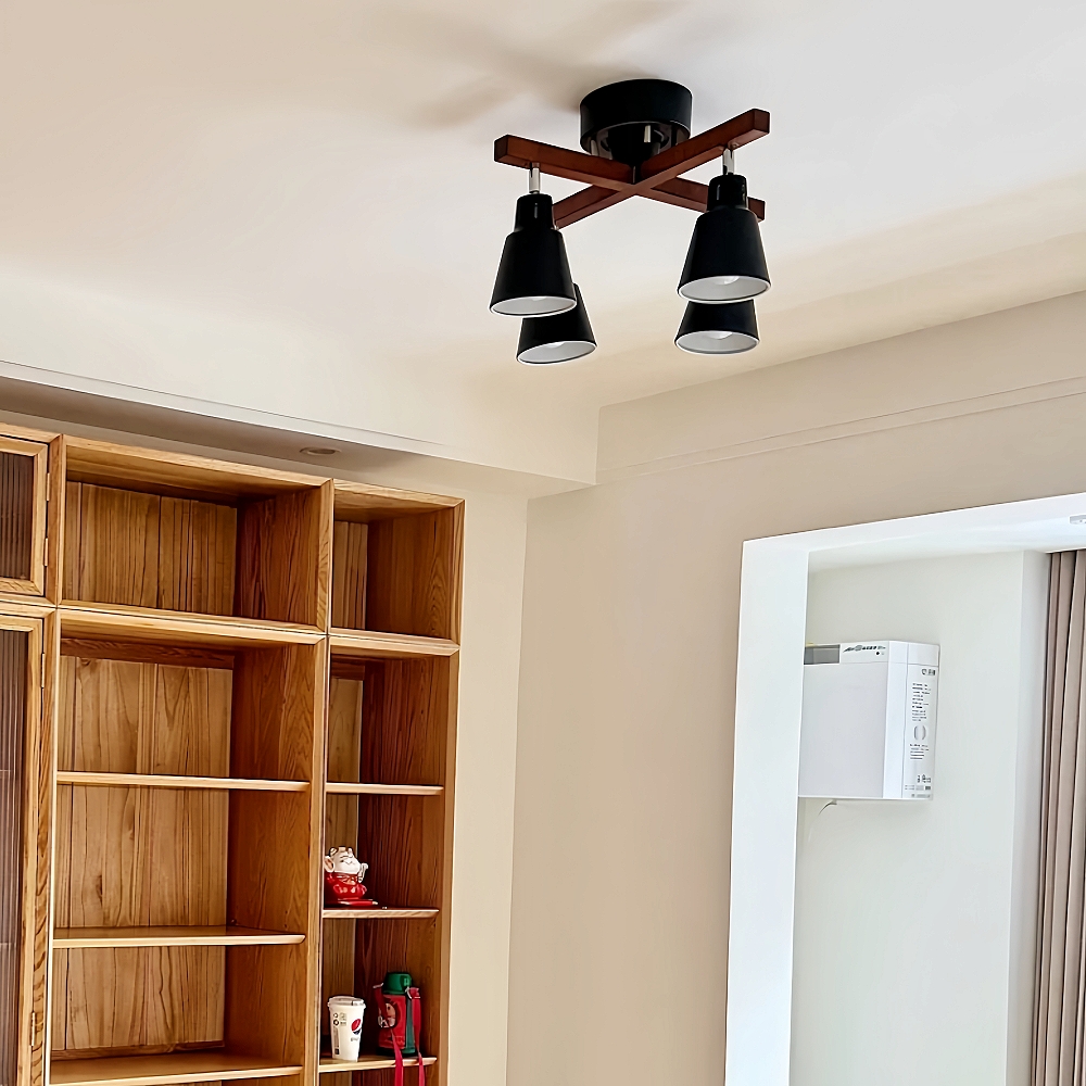 Japanese Style Solid Wood Track Multi Head Ceiling Light