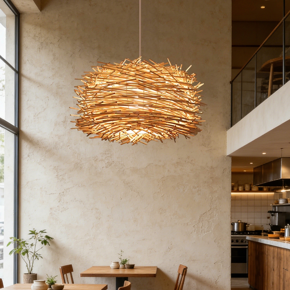 Artisanal Twig Weave Sphere Pendant Rustic Natural Glow