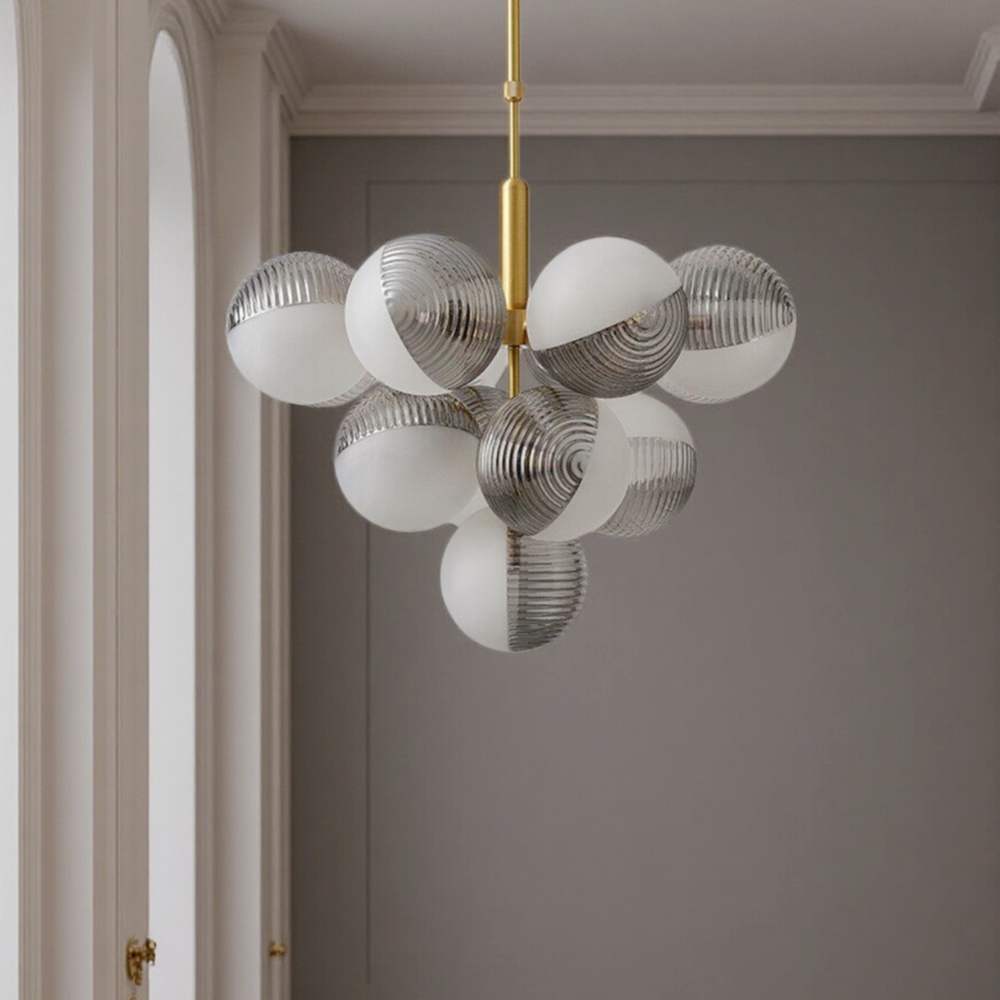 Contemporary Sculptural Ribbed Glass Globe Chandelier Brass Finish