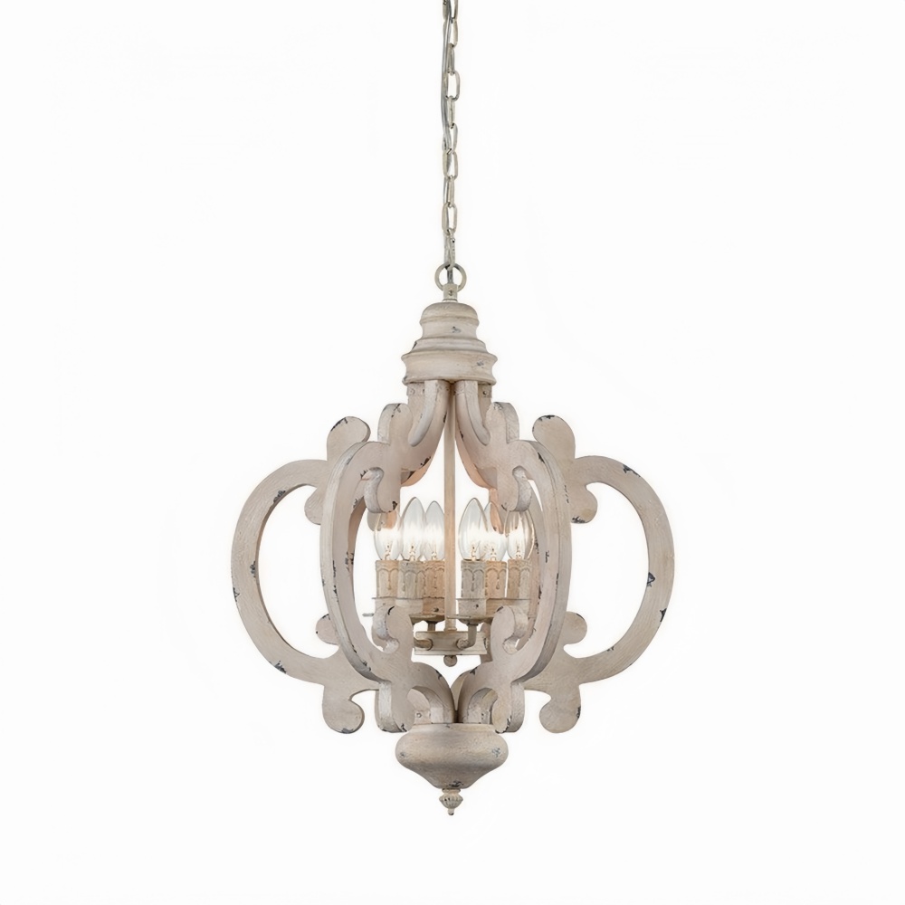 Antique Distressed White Wooden Chandelier Rustic Farmhouse Lighting