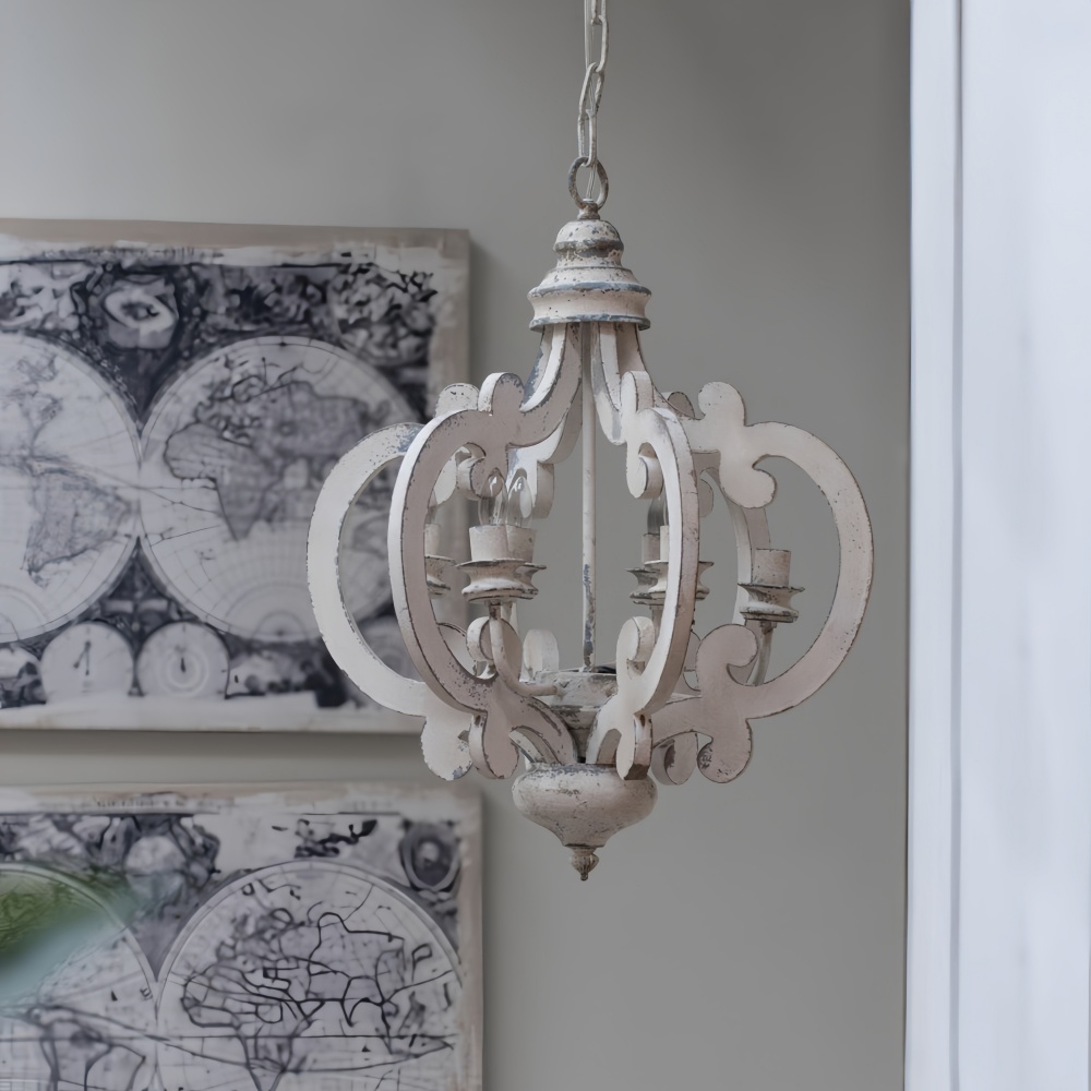 Antique Distressed White Wooden Chandelier Rustic Farmhouse Lighting