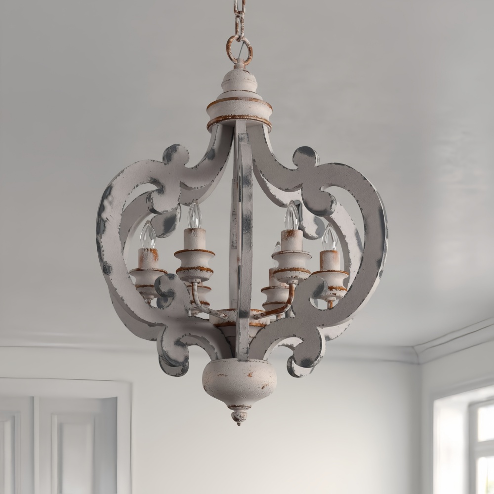 Antique Distressed White Wooden Chandelier Rustic Farmhouse Lighting