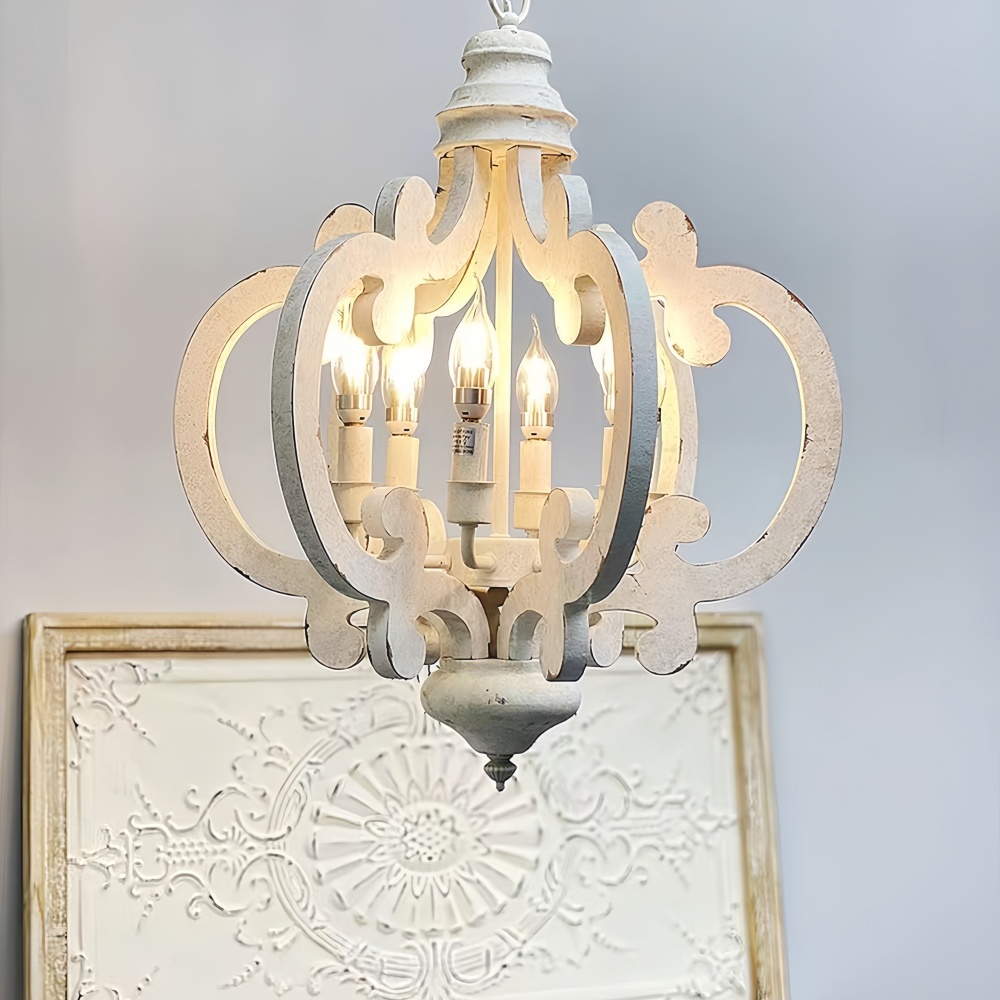 Antique Distressed White Wooden Chandelier Rustic Farmhouse Lighting