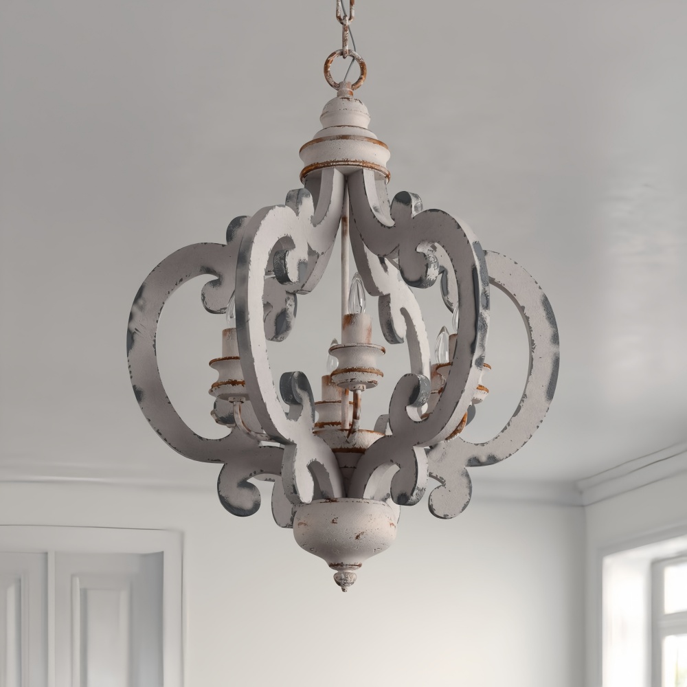 Antique Distressed White Wooden Chandelier Rustic Farmhouse Lighting