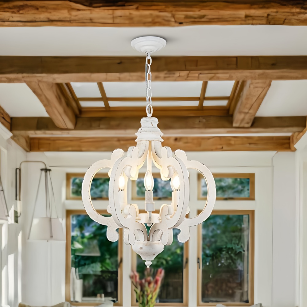 Antique Distressed White Wooden Chandelier Rustic Farmhouse Lighting