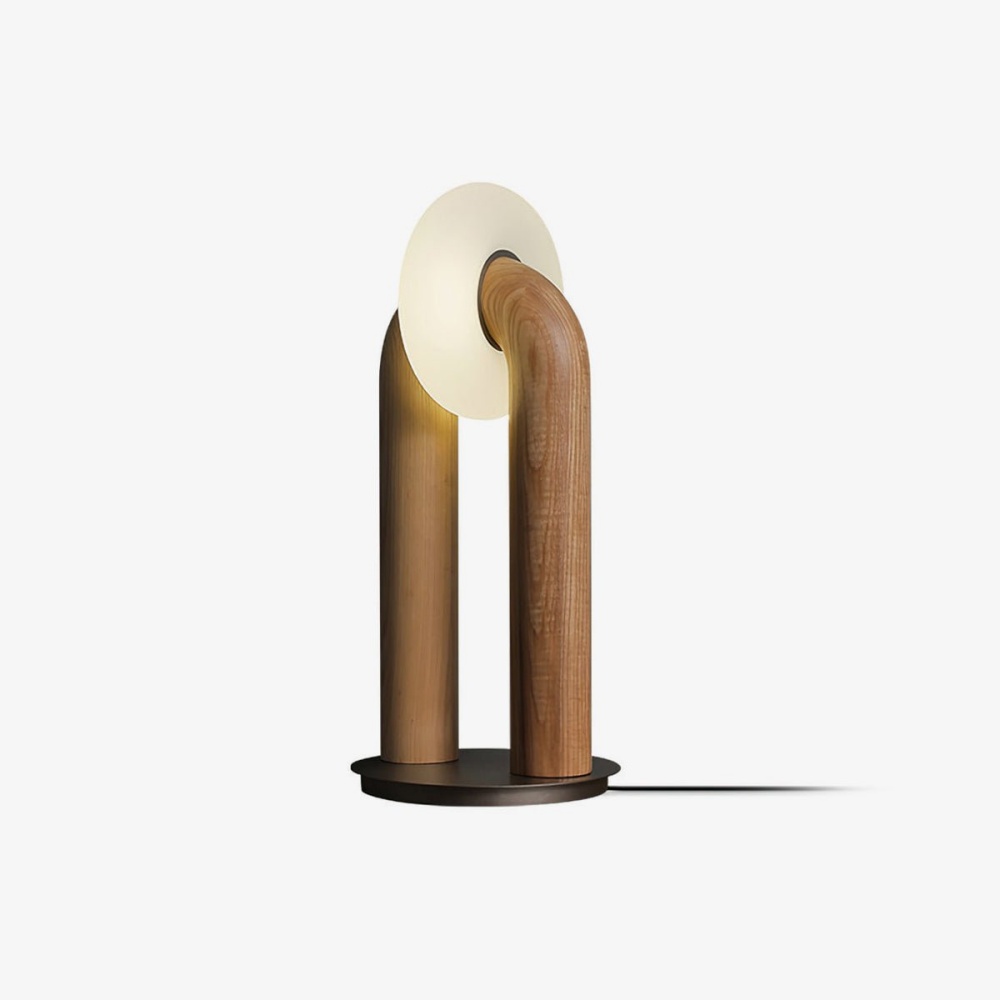 Modern Sculptural Walnut Wood U-Shaped Table Lamp with Frosted Disc