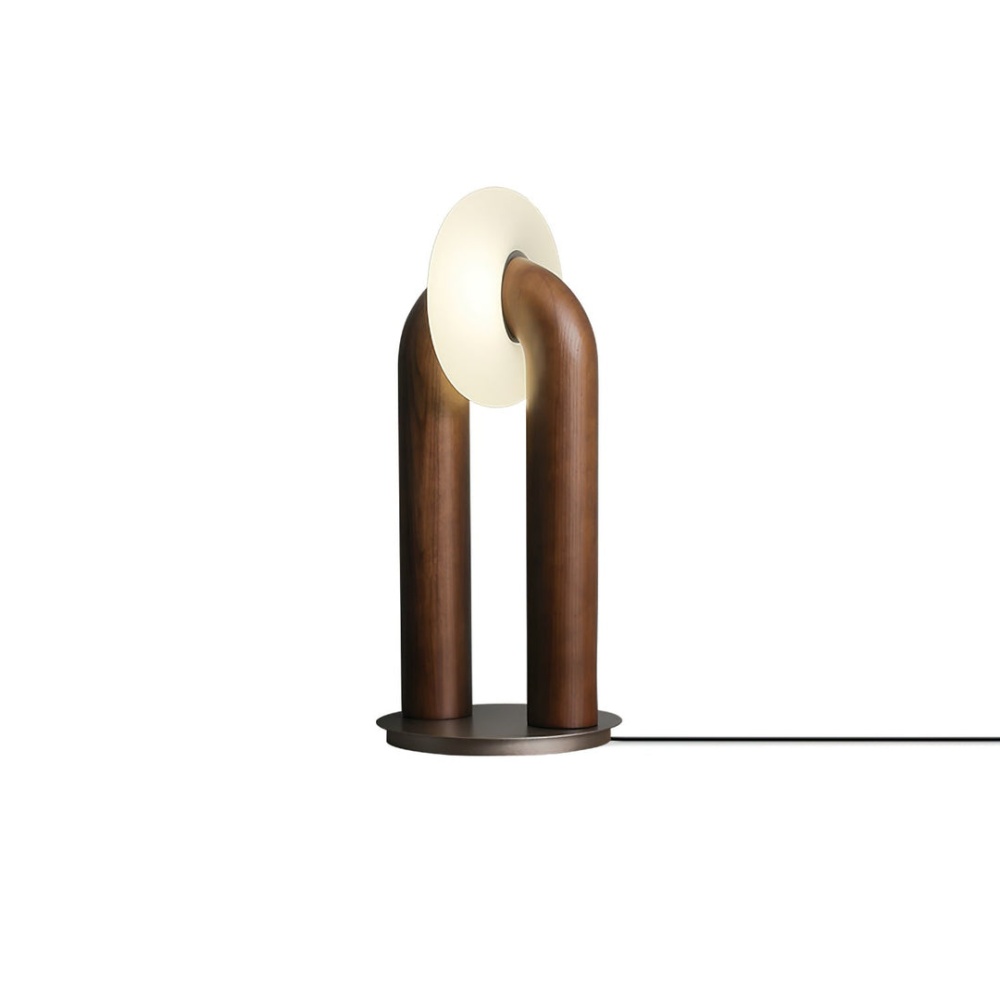 Modern Sculptural Walnut Wood U-Shaped Table Lamp with Frosted Disc