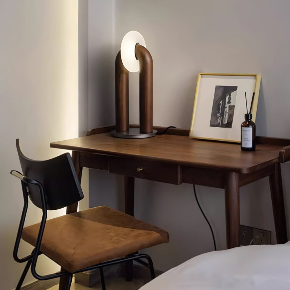 Modern Sculptural Walnut Wood U-Shaped Table Lamp with Frosted Disc