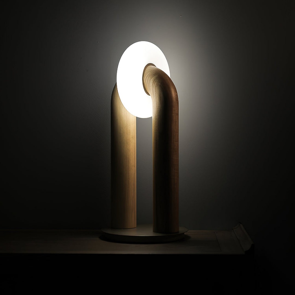 Modern Sculptural Walnut Wood U-Shaped Table Lamp with Frosted Disc