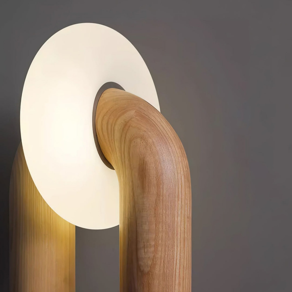 Modern Sculptural Walnut Wood U-Shaped Table Lamp with Frosted Disc
