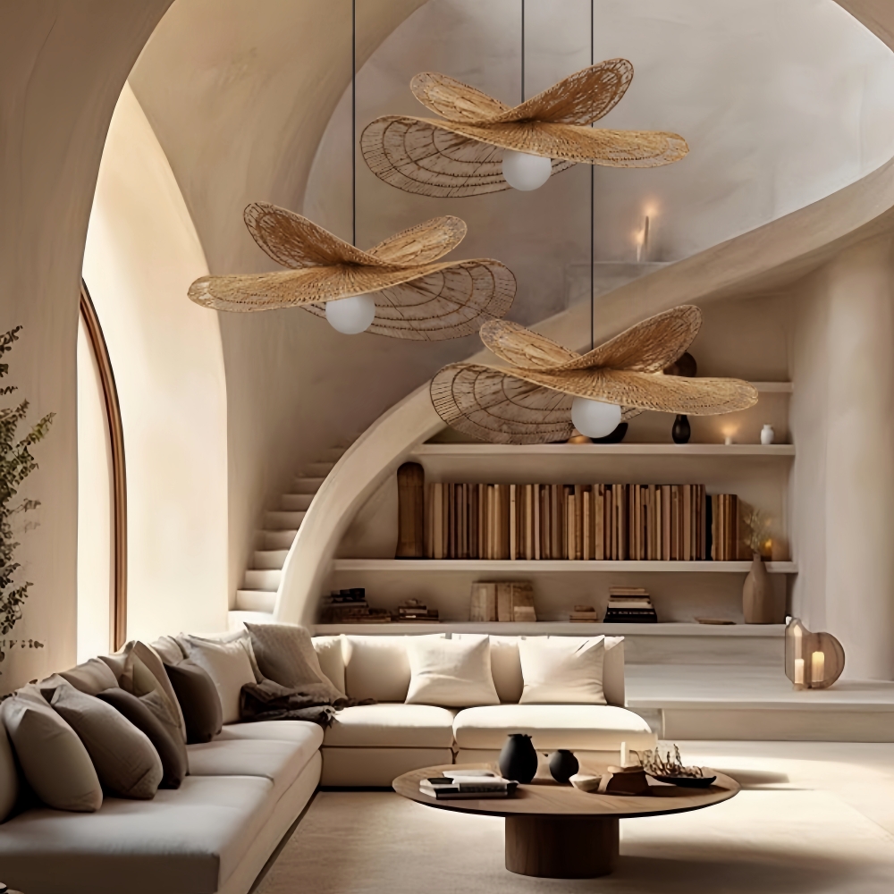 Vintage Handmade Rattan Woven Creative Double-Layer Straw Hat Pendant Light