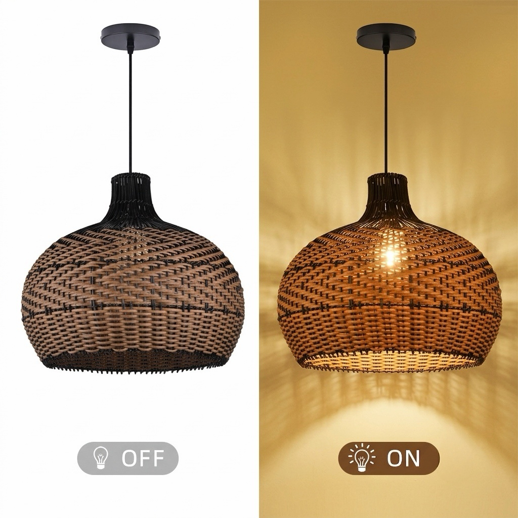 Wabi-sabi Black Rattan Ceiling Light Beautiful Herringbone Weave Pattern Pendants