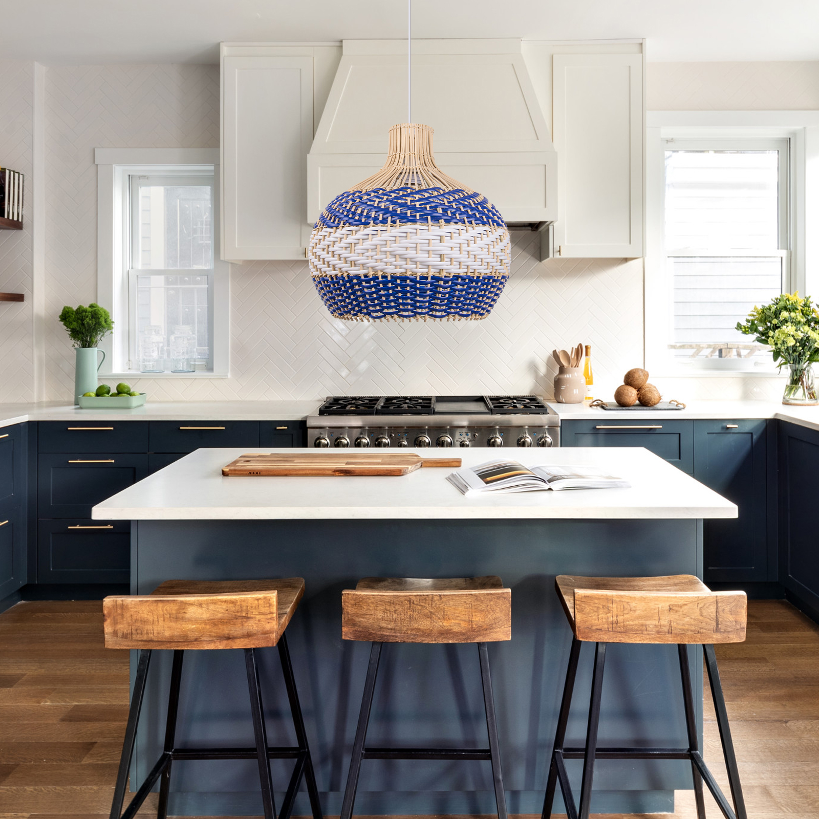 Japanese Style Army Blue Rattan Pendant Light For Dining Room