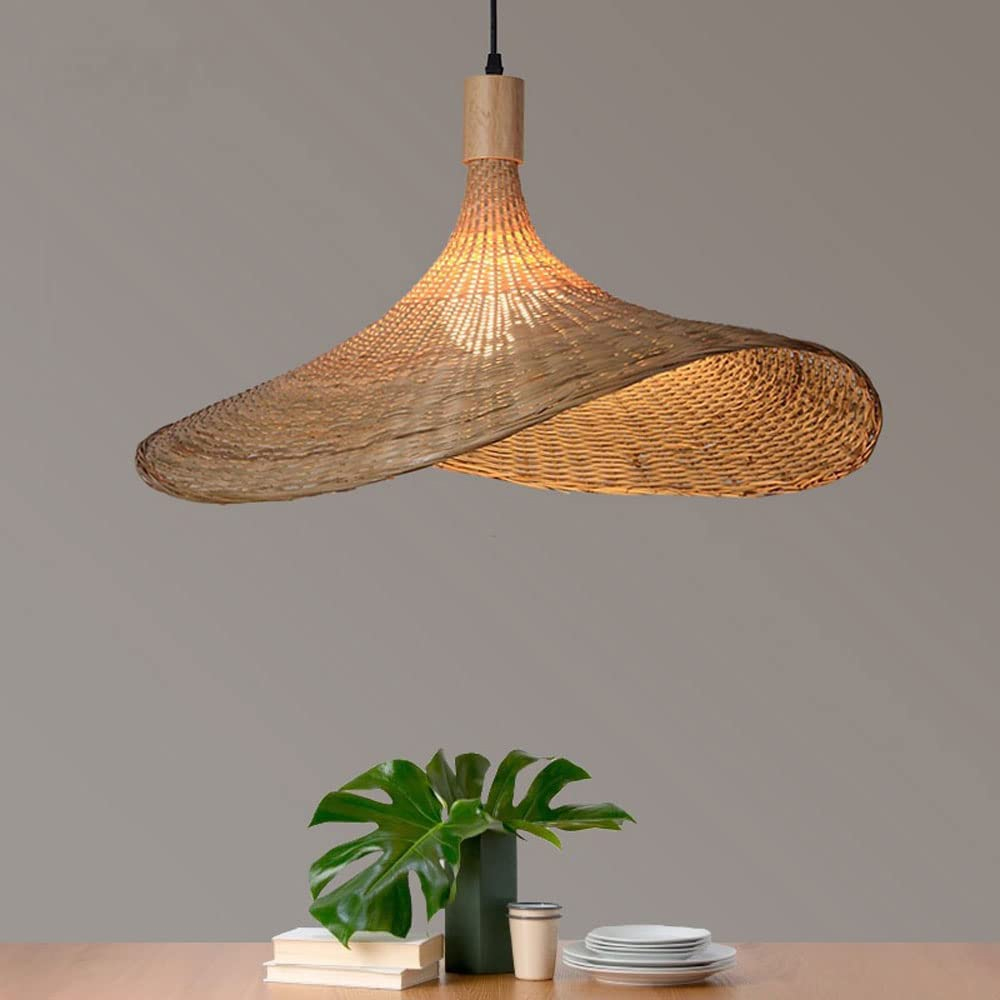 Farmhouse Bamboo Pendant Light Wicker Straw Hat Basket Weave Light Fixture
