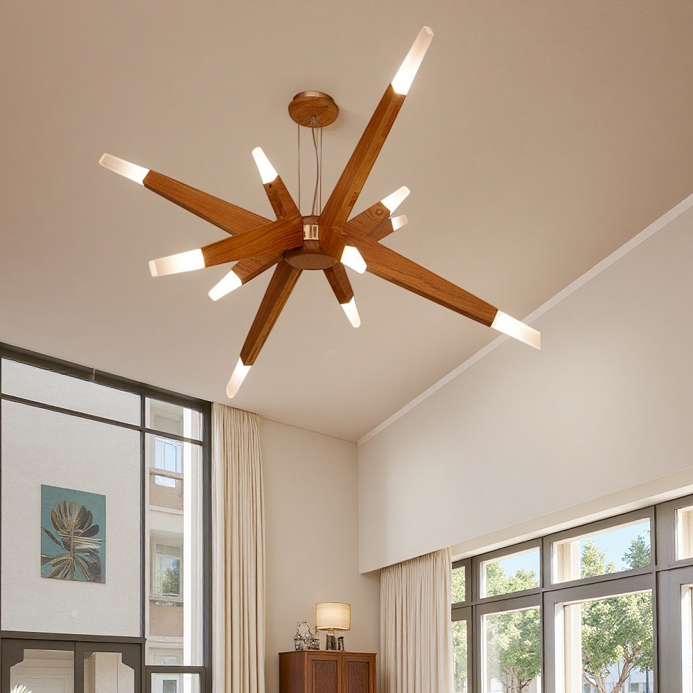 Nordic Geometric Wood Angular Star Chandelier with Frosted Light Ends