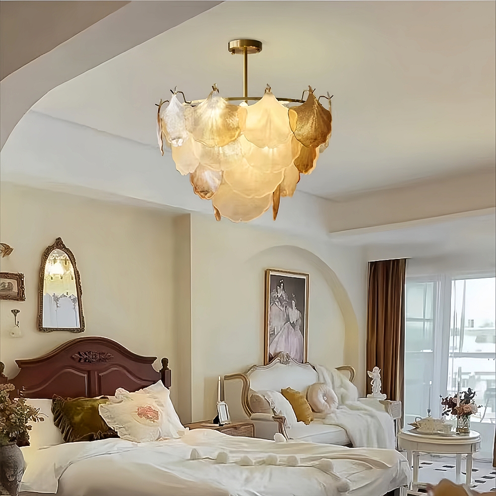 French Ginkgo Leaf Creative Ceiling Lamp Shell Glass Living Room Chandelier