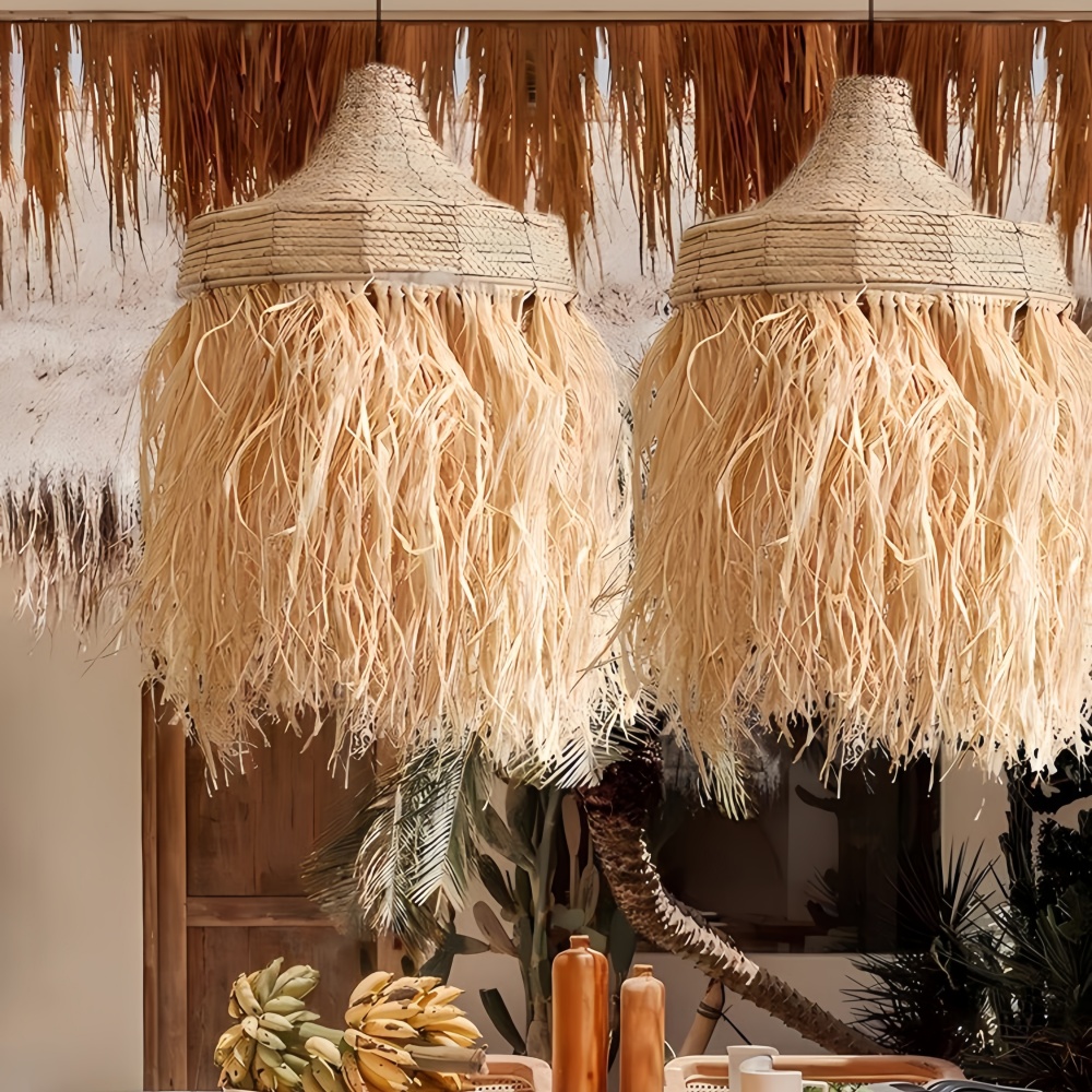 Bohemian Raffia Tassel Pendant Light Boho Coastal Living Room Lighting