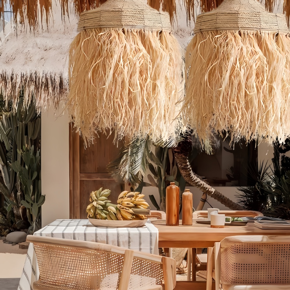 Bohemian Raffia Tassel Pendant Light Boho Coastal Living Room Lighting