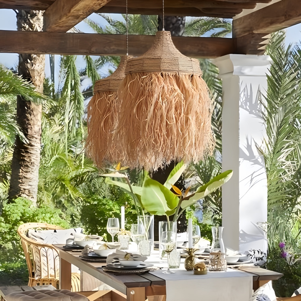 Bohemian Raffia Tassel Pendant Light Boho Coastal Living Room Lighting